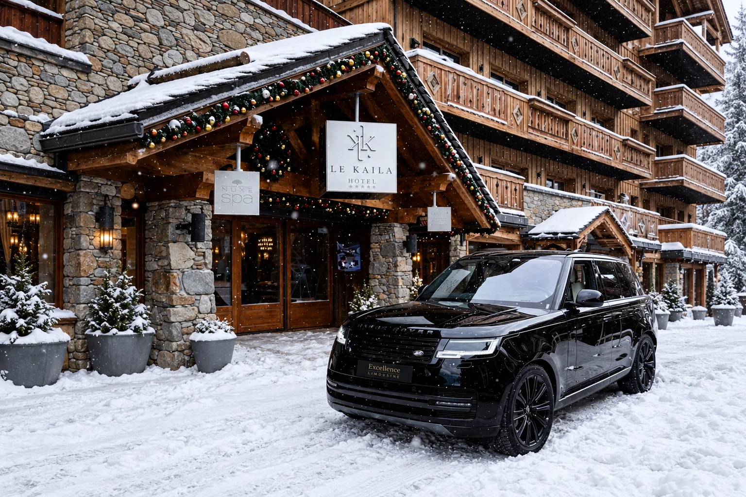 Range Rover outside Le Kaila chalet hotel in the snow, with an Excellence plate.
