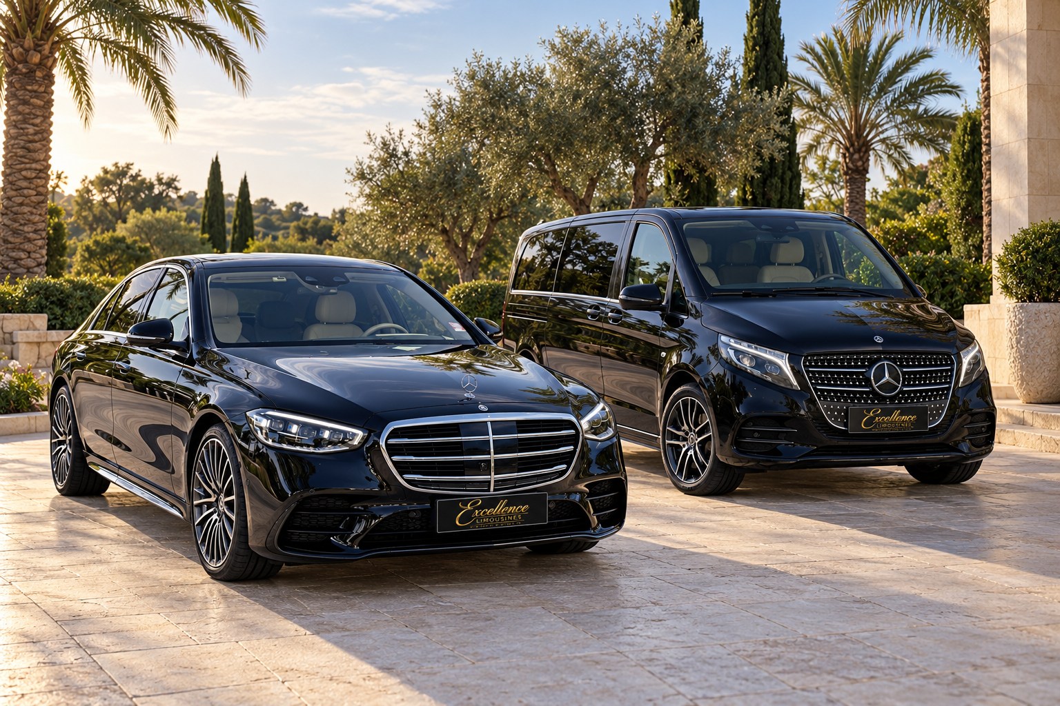 Fleet illustration showing an Excellence Limousines Mercedes S-Class and V-Class together