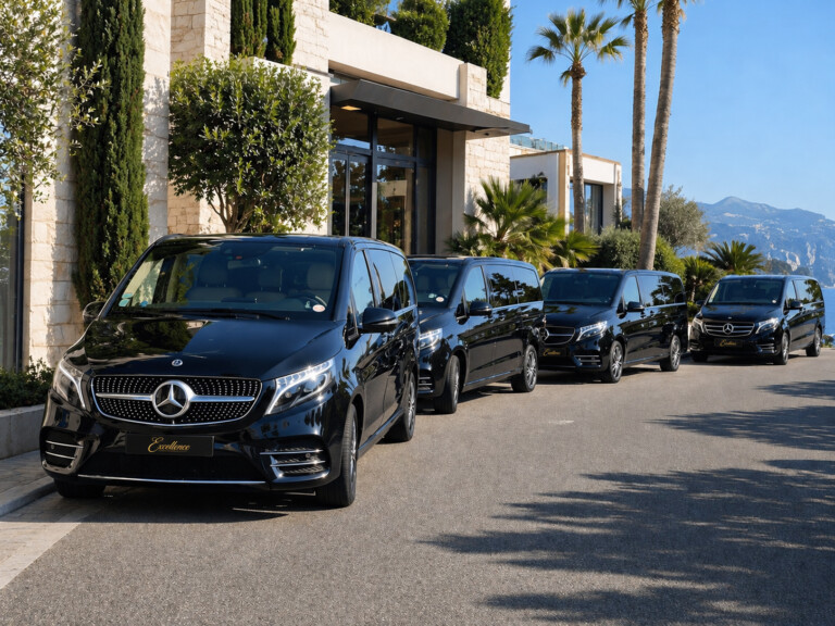 Plusieurs vans Mercedes Classe V noirs alignés devant des palmiers
