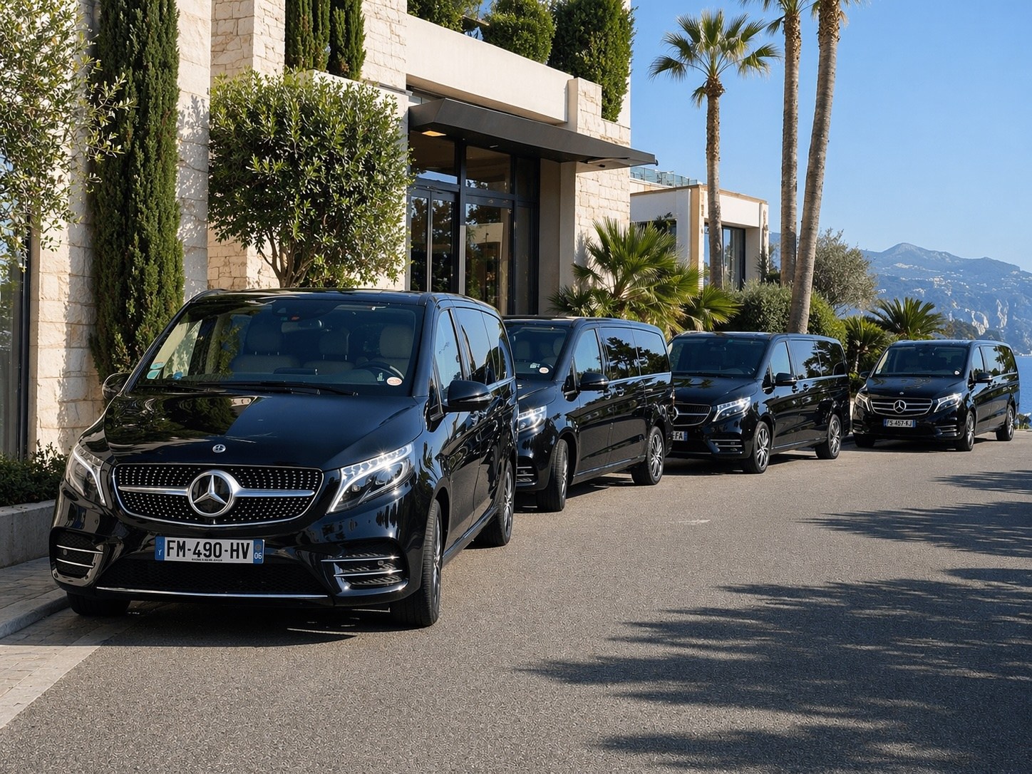 Чёрные минивэны Mercedes V-Class рядом с пальмами