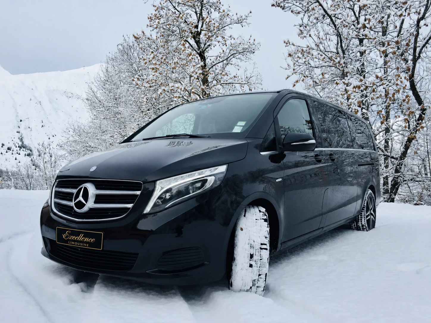 Mercedes Classe V au bord d’une route, arbres et paysage couverts de neige.
