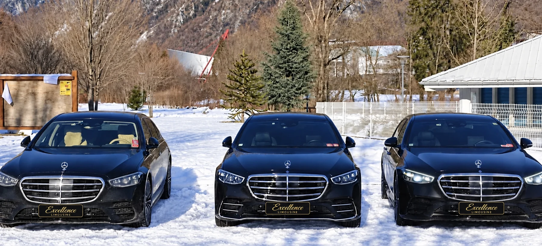 Trois berlines Mercedes réunies dans la neige, montagnes à l’arrière-plan.