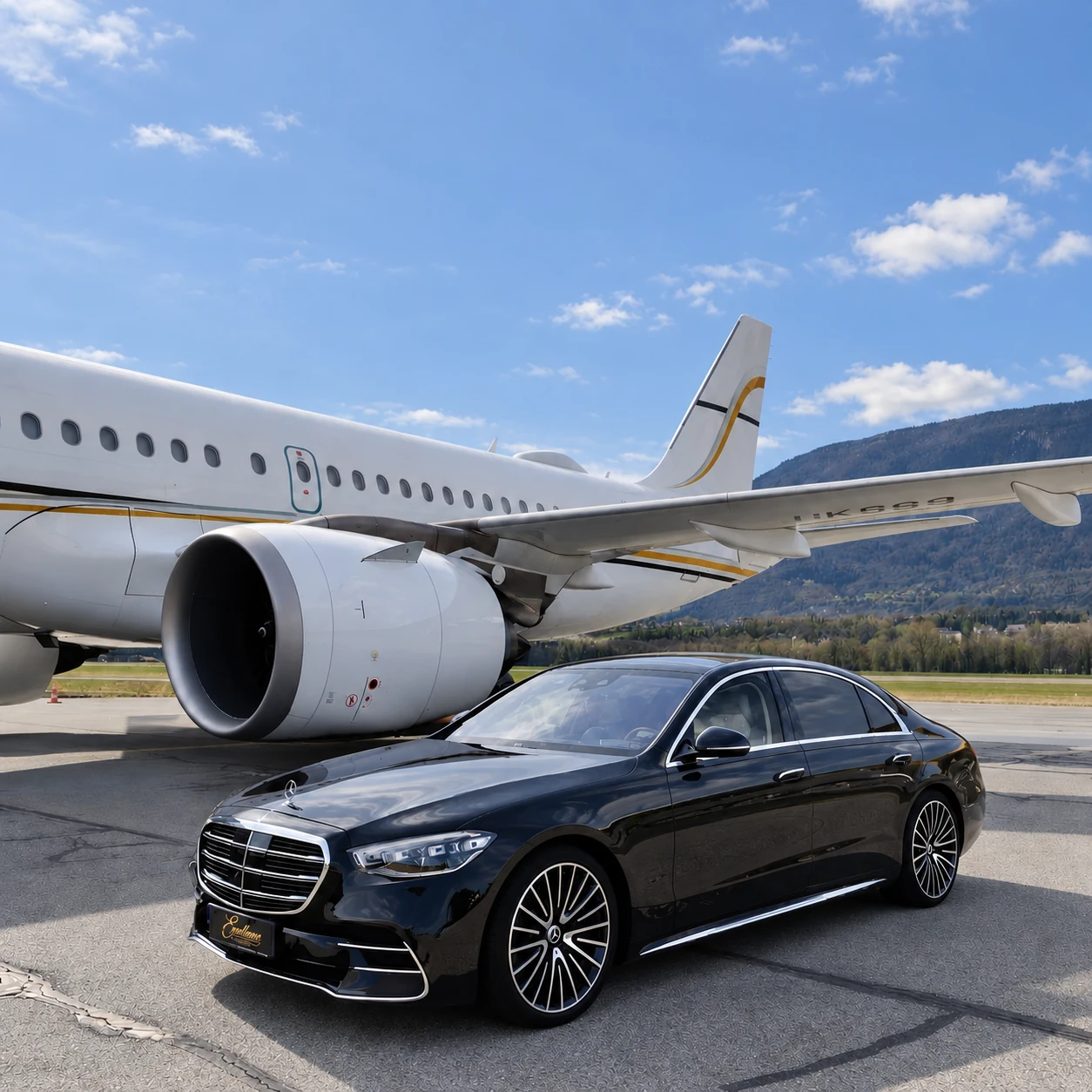 Mercedes S-Class beside a private aircraft, black Excellence plate