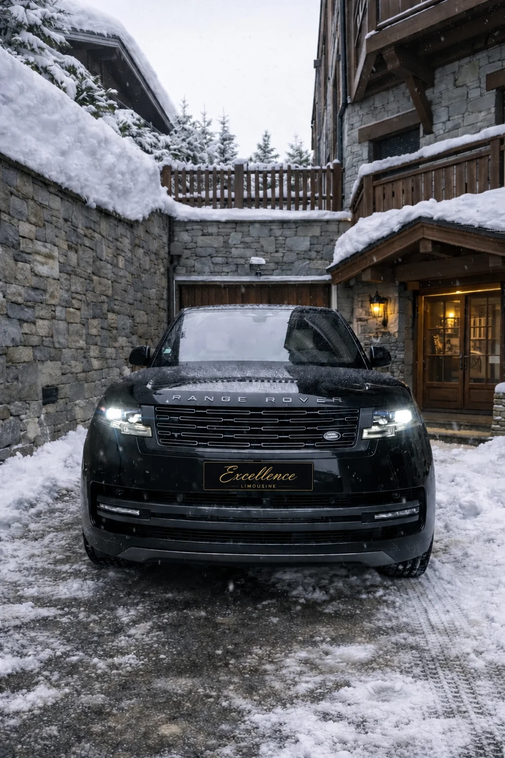 Range Rover face à l’entrée d’un chalet, sur un accès enneigé.