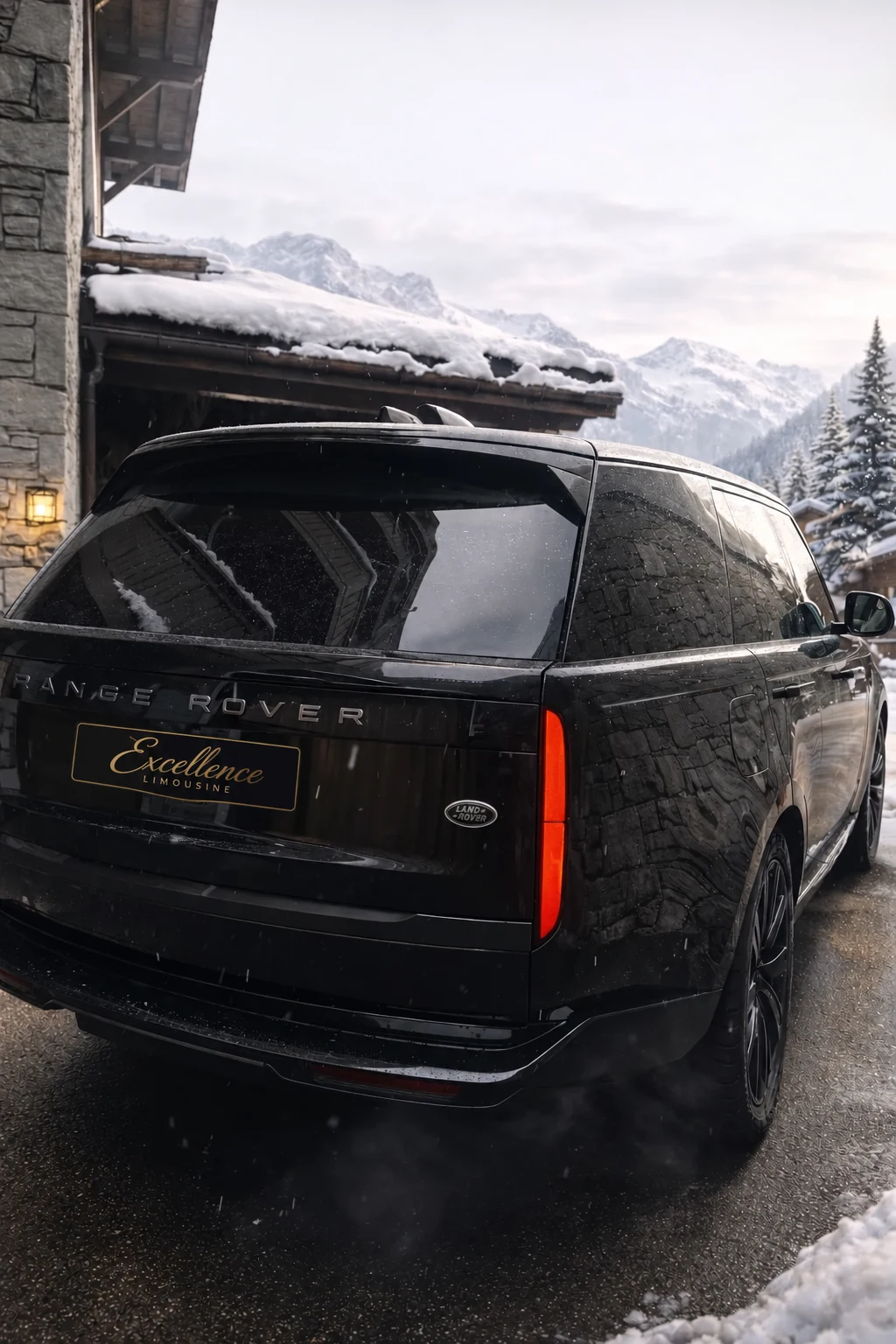 Range Rover vu de trois quarts arrière devant un chalet enneigé.