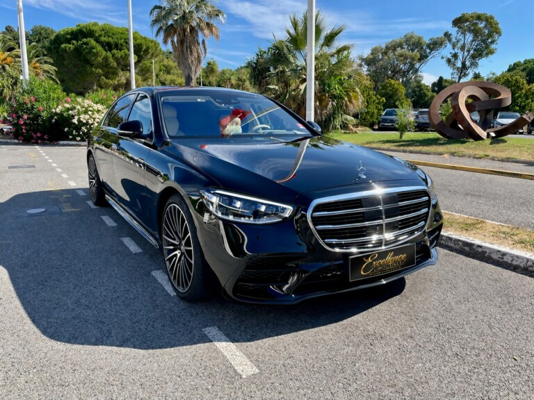 Black Mercedes S-Class in a palm garden
