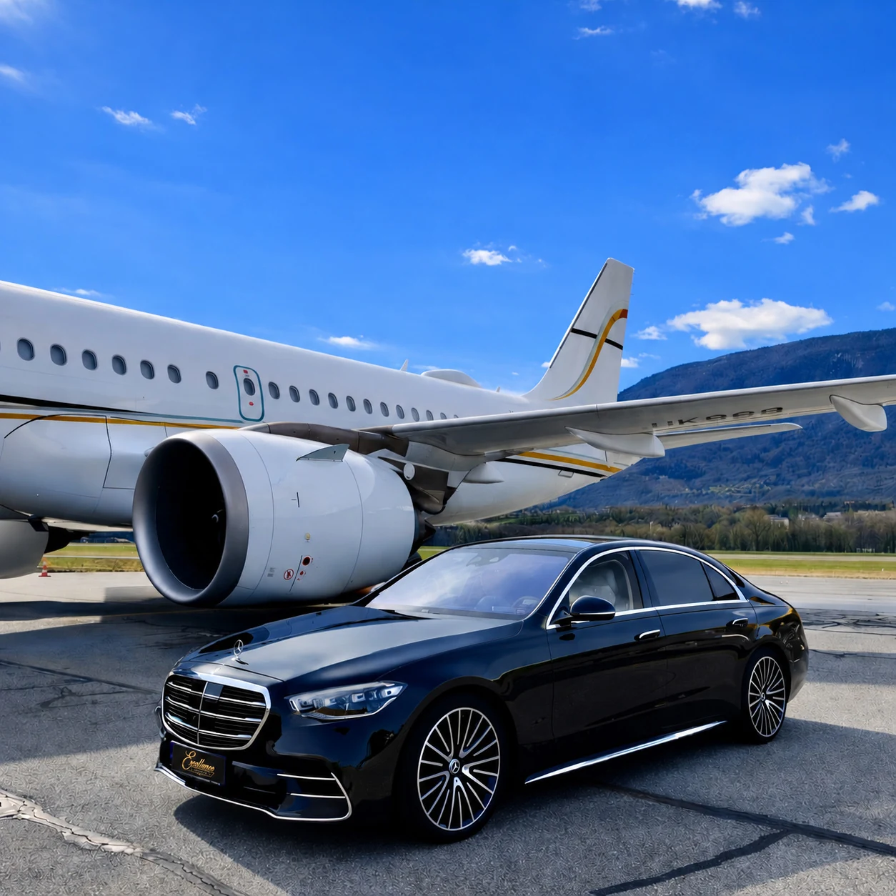Mercedes S-Class beside a private aircraft, black Excellence plate