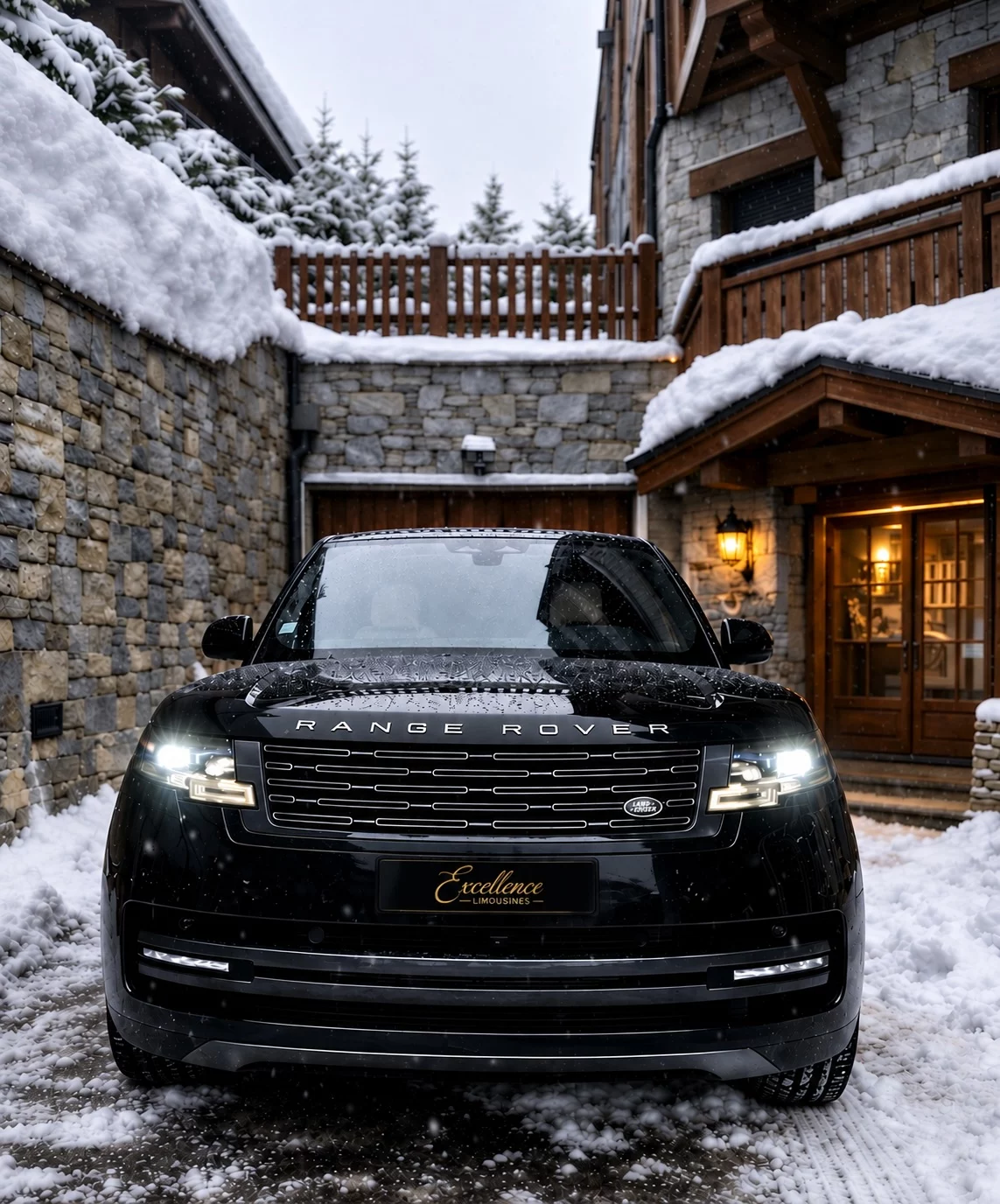 Range Rover noir de face devant un chalet enneigé, plaque Excellence Limousines.