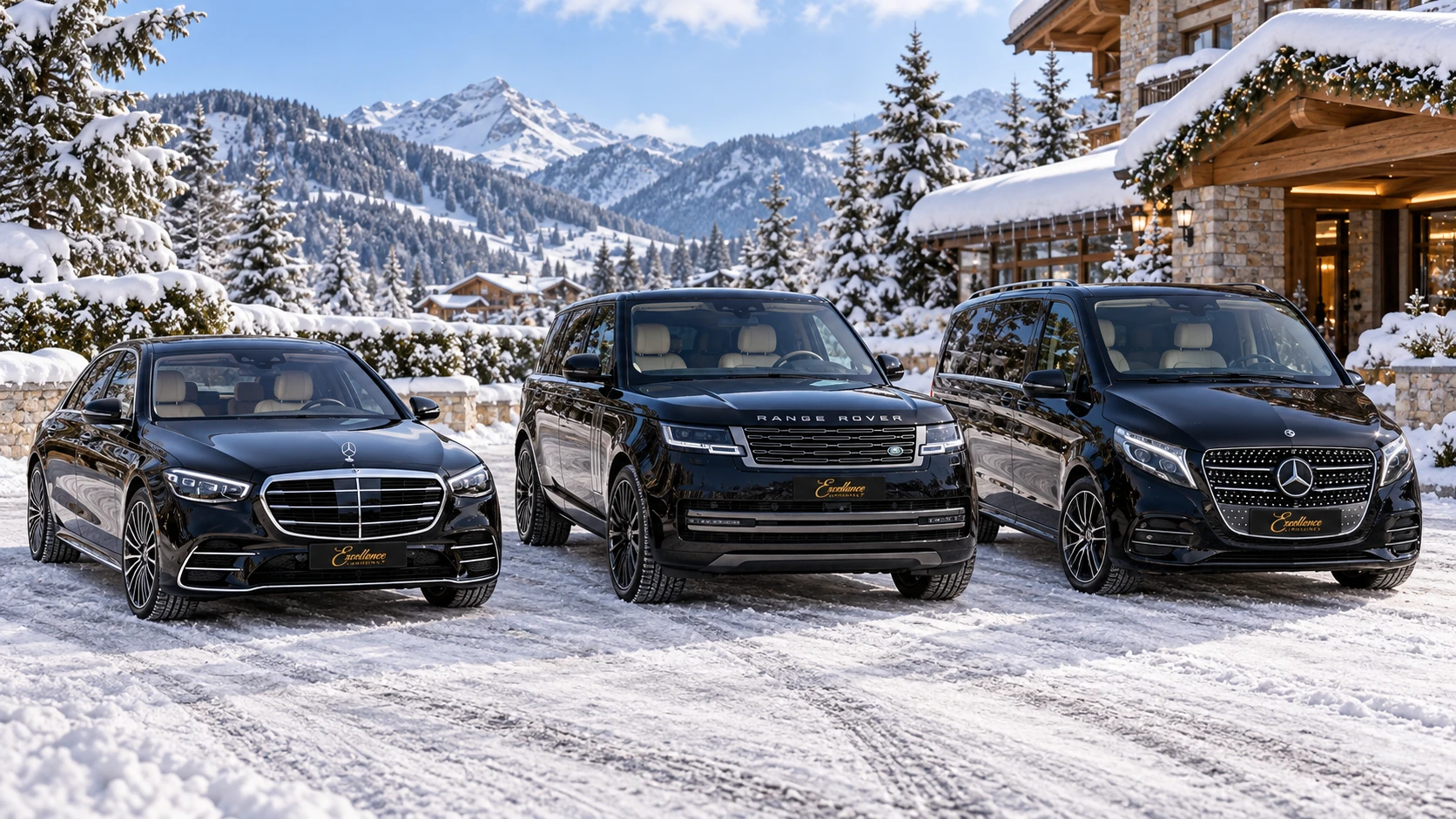 Business Class winter illustration: black Mercedes S-Class, Range Rover and Mercedes V-Class lined up in snow, with beige interiors and Excellence plates.
