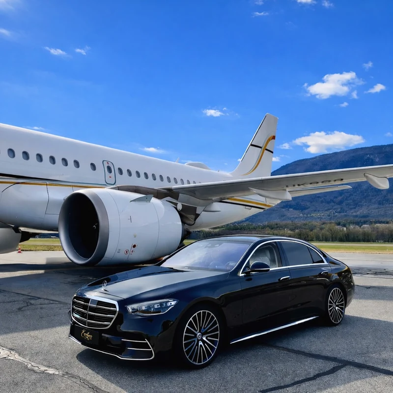 Black Mercedes S-Class beside an aircraft on an airport apron, with mountains in the background.