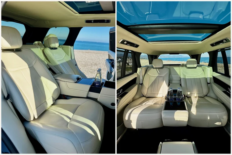 Deux vues de l’habitacle arrière en cuir beige du Range Rover, avec la mer visible par la porte et les fenêtres.
